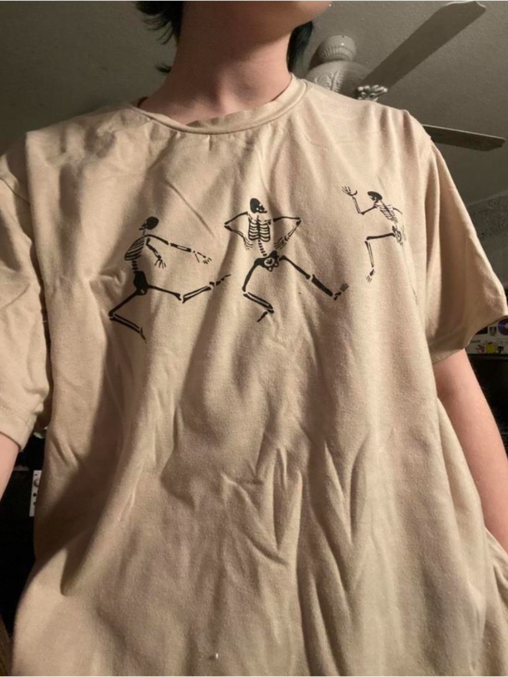 SHEIN Beige Short Sleeve Tee with Black Dancing Skeletons
